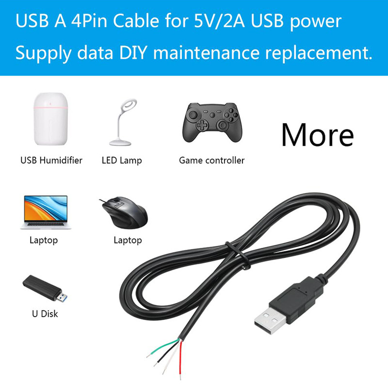5pcs 5V/1A 1.2M/4FT USB A Male to 4-Pin Pigtail Bare Wire for Repair DIYNEW gallery