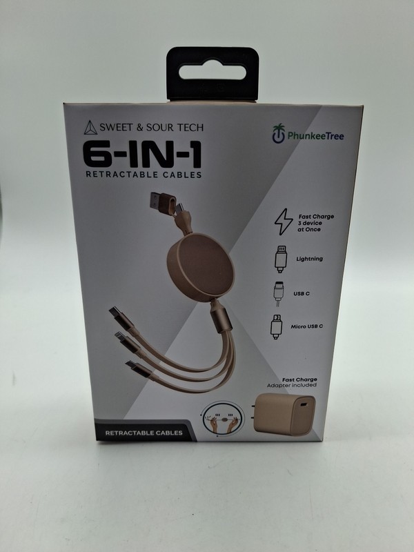 NEW Phunkee Tree 6-In-1 Retractable Cable SWEET SOUR TECH W/ FAST CHARGE ADAPTER