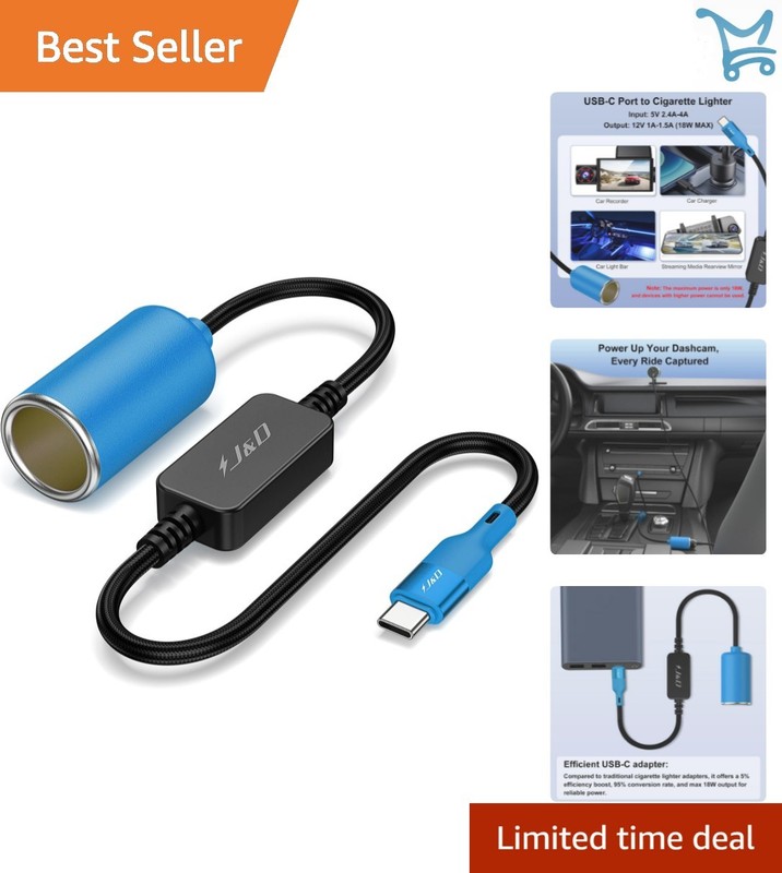 USB C to 12V Car Socket Adapter 3ft Power Cable for Dash Cam GPS LED Lights