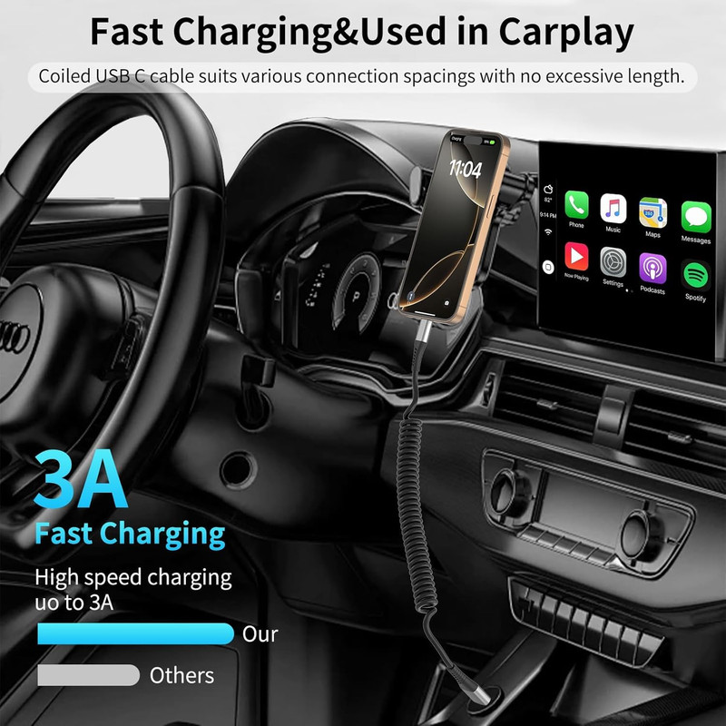 Coiled Carplay Car Charger, 2Pack 3Ft USB a to USB C Car Cable for Android Auto gallery