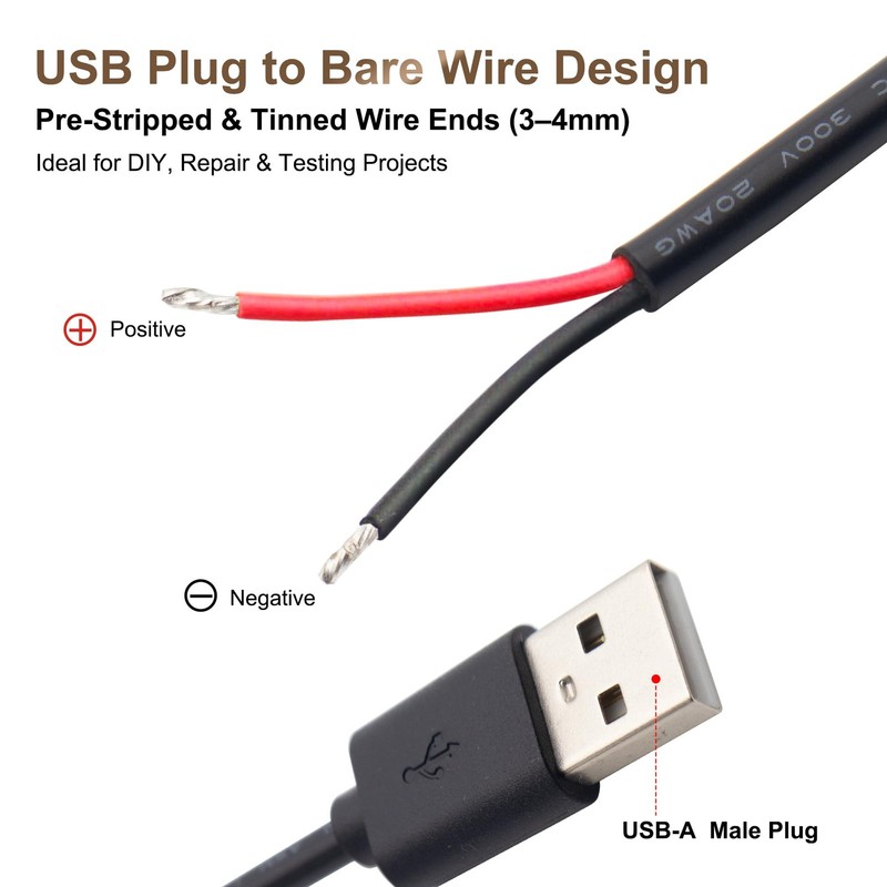 USB Power Cable to Bare Wire, 20AWG 1M USB-A Male Plug Pigtail, 5V 5A DIY Pow... gallery