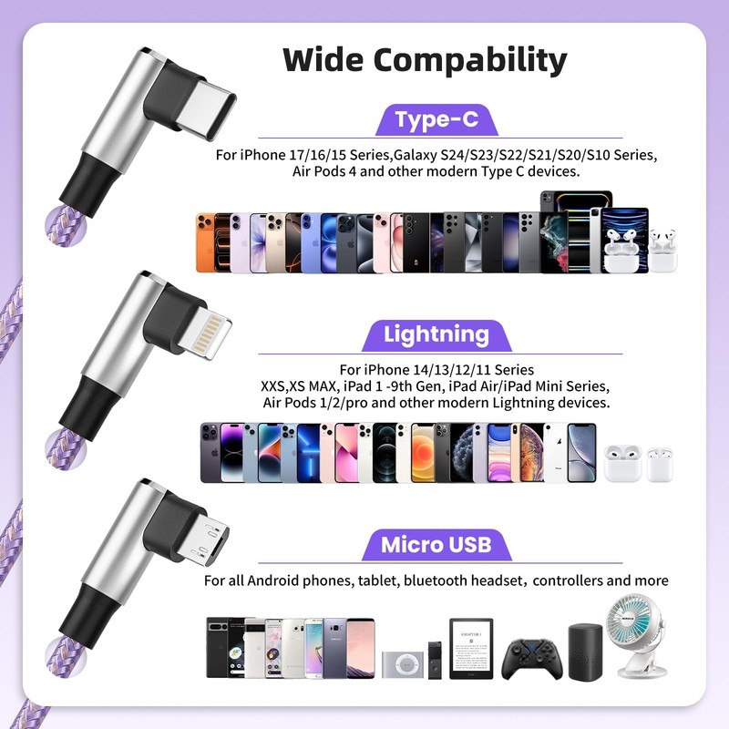 Gamer-Friendly & Travel Essentials 90 Degree Multi 2Pack5FT, Royal Purple gallery