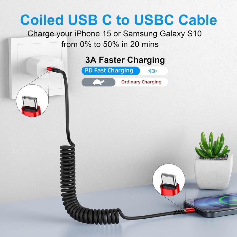 USB C Cable 3ft 2Pack USB C to USB C Charger Cable for Car, Coiled Type C Fast C gallery