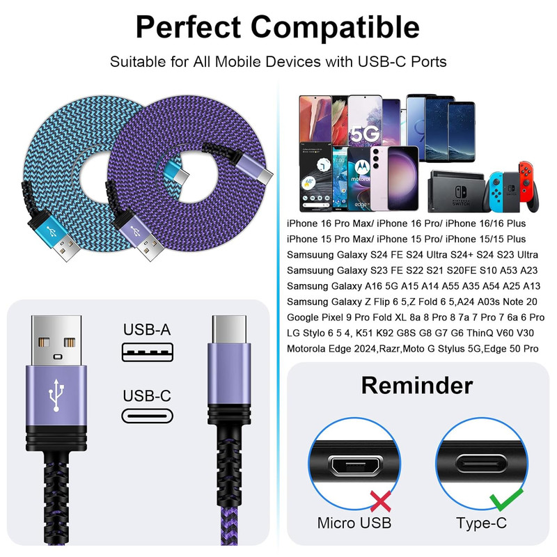 2-Pack 3FT USB-C Fast Charging Cable Cord CarPlay iPhone 17 16 15 Galaxy S26 S25 gallery