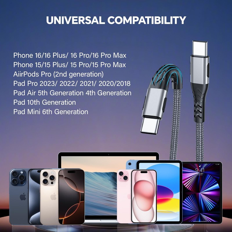 2 - Pack 10FT 100W USB C to C Cable, Fast Charging Type C 10 feet, Silver gallery