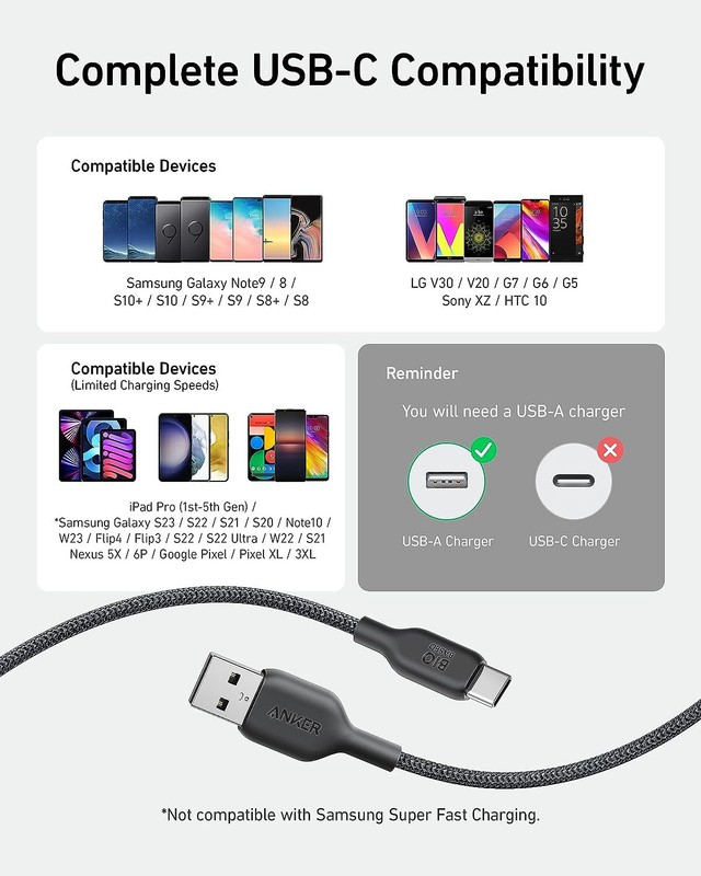 Anker USB A to Type C Charger Cable Bio-Briaded 6ft Fast Charging for Samsung gallery