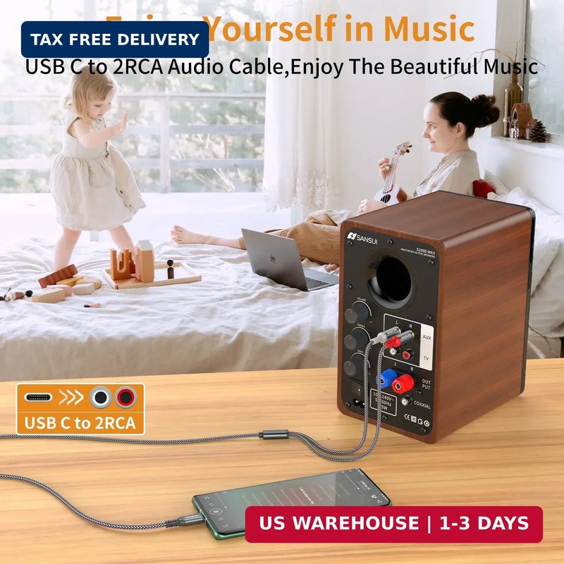 USB C to 2 RCA Audio Cable, 6.6 Ft Type-C to RCA Male to Male Y RCA Splitter, 2R gallery