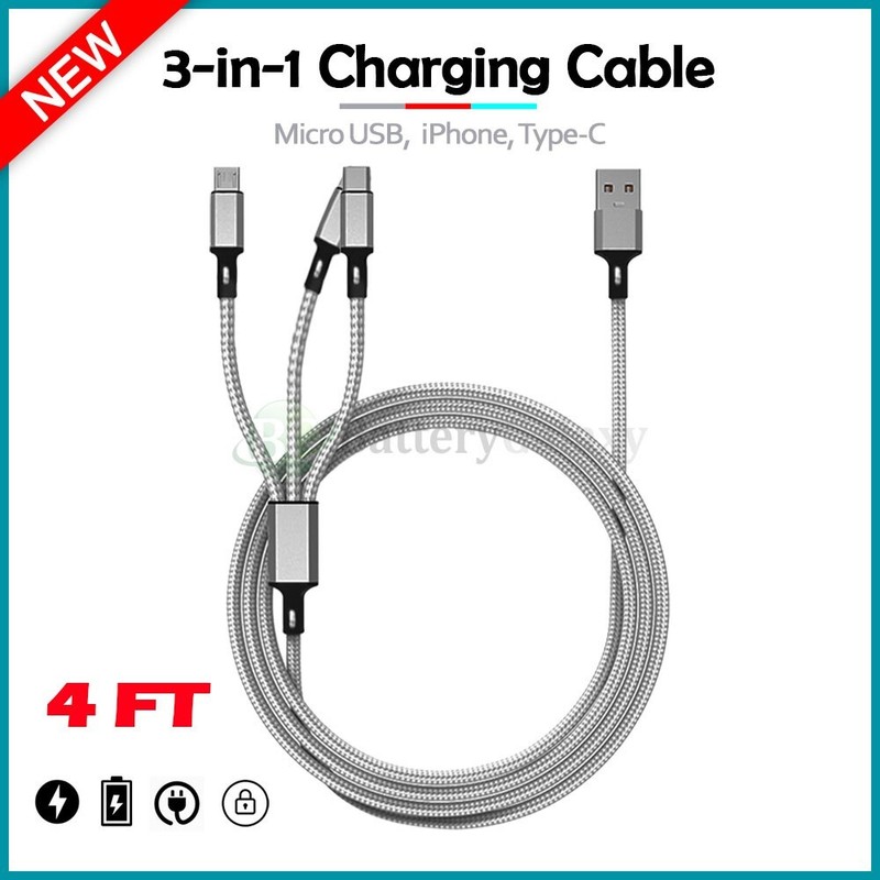 3 in 1 Fast Charging Cable Cell Phone Charger Cord For iPhone Type C Micro USB