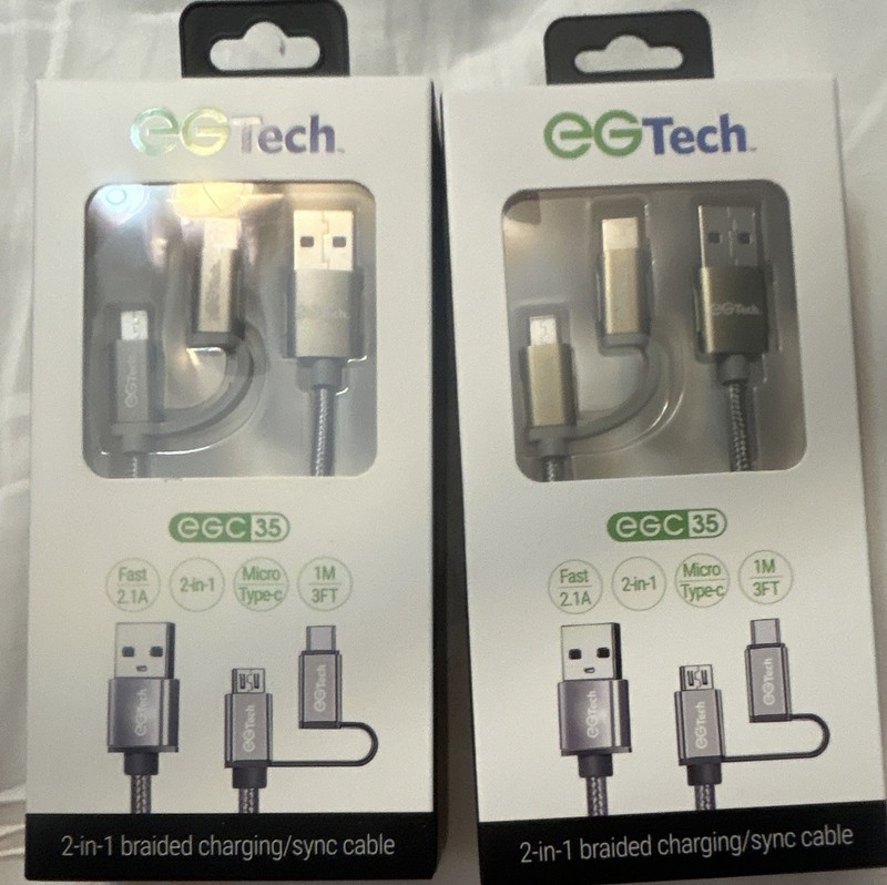 Lot of 2 EGTech EGC35 2-in-1 Braided Nylon USB-A to Micro-USB/USB-C Cable