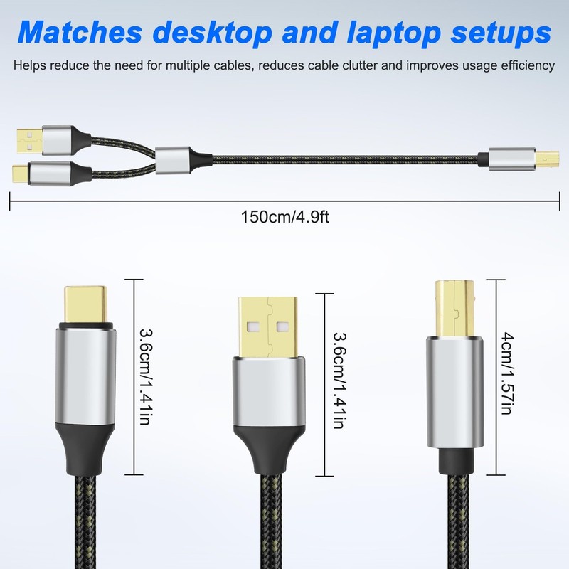 Type C + USB A to USB-B Printer Cable MIDI Cord 2 in 1 C/A Male to B Male Y S... gallery