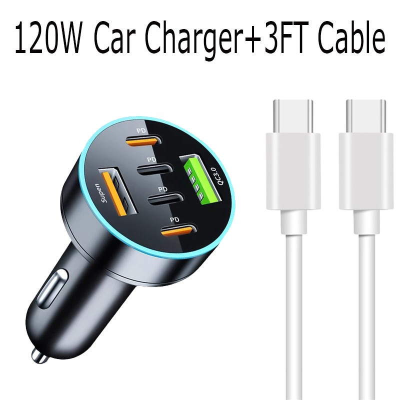 120W Fast Charging Double Type-C Car Charger For iPhone 17 16 15 14 13 Pro Max X