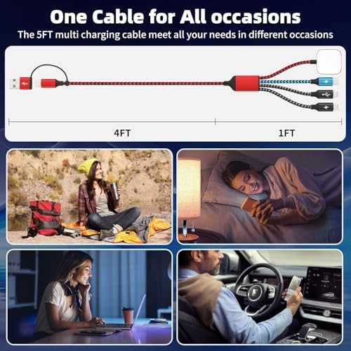 4-in-2 Multi Charging Cable for iPhone, Android, iWatch - 5FT USB A/C Dual Charg gallery