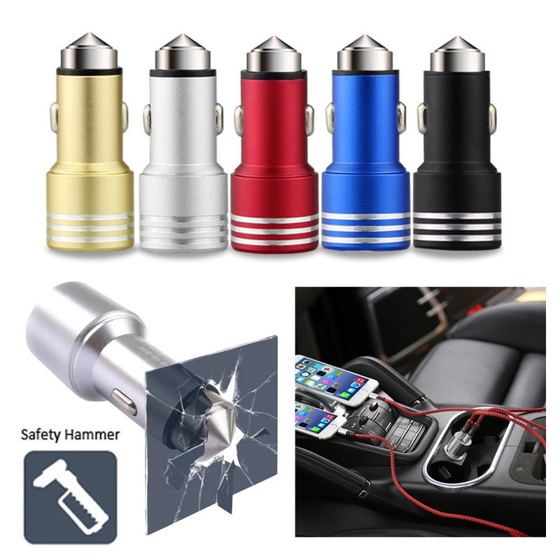 Stainless Steel Safety Hammer Dual USB Ports Power Adapter Car Charger 2A Lot