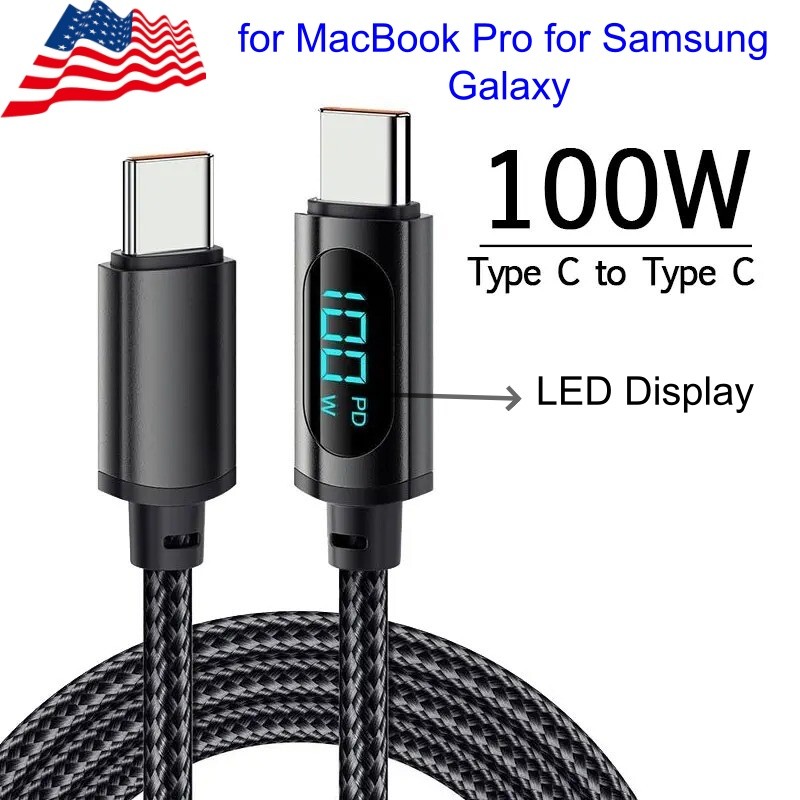 100W USB C Cable with LED Display E-Marker Chip Nylon Braided 6.6ft PD