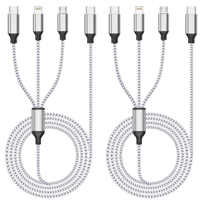 AICHUA 3 in 1 Multi Charging Cable 4ft, 2 Pack Nylon White/Silver-4ft