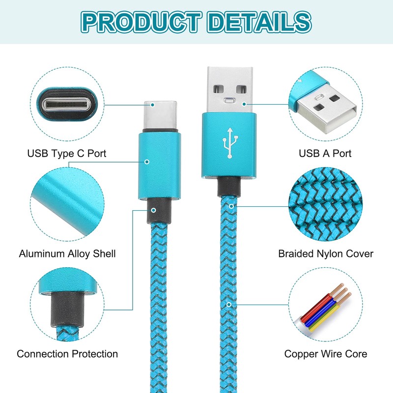 9.84ft USB Type C Charger Cable 3pcs 2.4A Type-C Braided Charging Data Cord Blue gallery