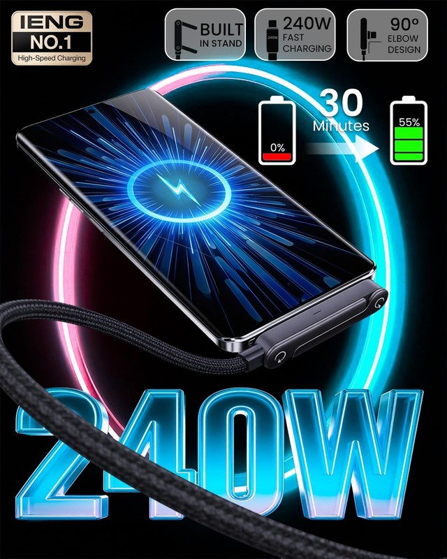 240w USB-Charge Cable Flat Charger Sideways Invisible Stand Data USB Charging... gallery