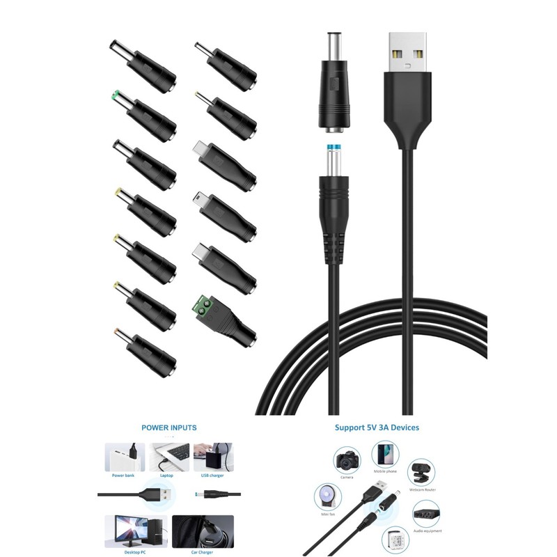 USB to DC Charging Cord - 5ft, 13 Adapter Plugs for Optimal Device Compatibility