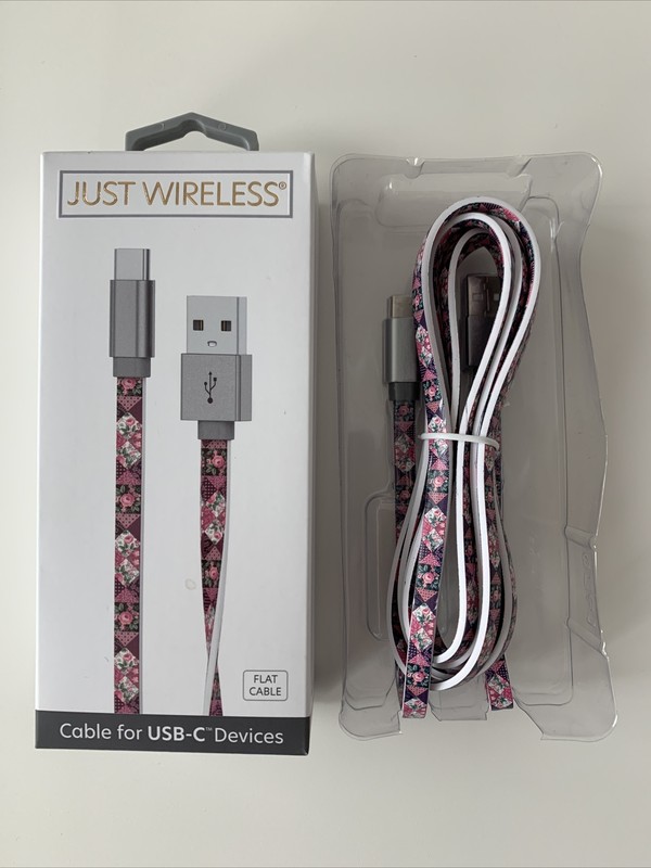 Just Wireless Cable for USB-C Devices 6 FT Flat Cable Floral Extra Length NEW