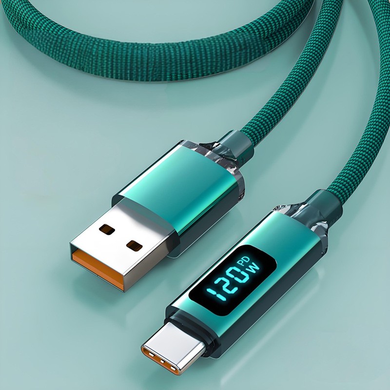Digital Display USB A to Type C Cable 120W Fast Charger Braided USB-C Lead 1m~2m