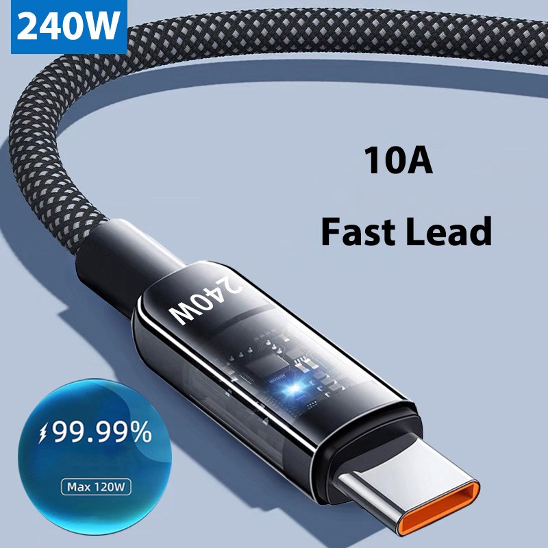 240W USB to Type-C Cable Braided Phone Fast Lead Charger 10A with LED Lighting