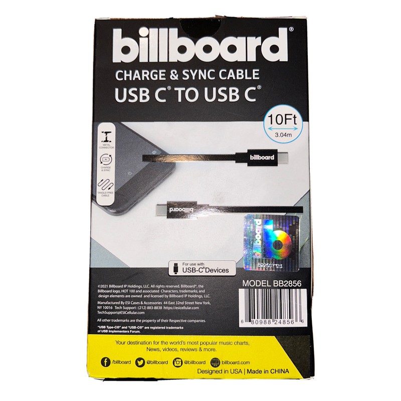 10’ Billboard USB-C to USB-C Charge and Sync Cable – Black – New