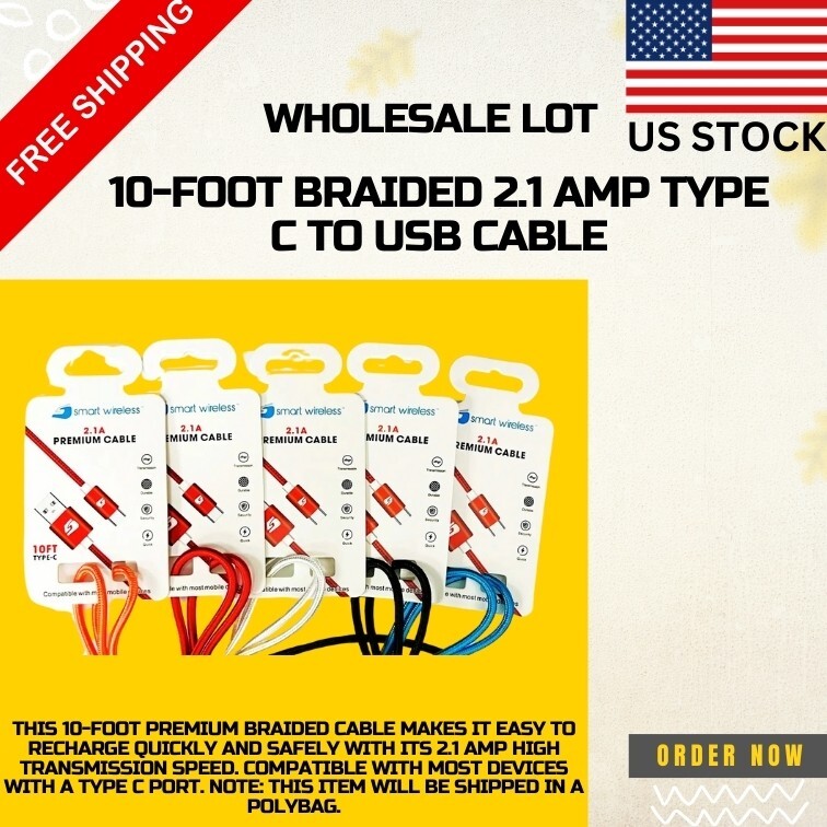 Wholesale Pack of 20 10 Foot Braided 2.1 A Type C to USB Cable for Fast Charging gallery