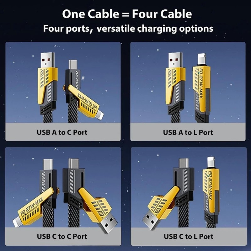 4Ft 65W 4 in 1 Multi Charging Cable Flat Braided USB C Charge Cord Data Transfer gallery