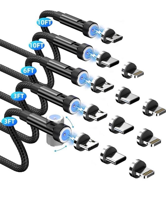 Magnetic Charging Cable [5-Pack,3/3/6/10/10FT] 3 in 1 Magnetic Phone Black