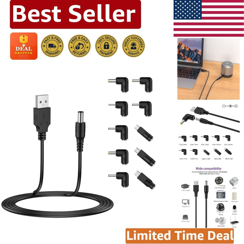 Versatile 5FT USB to DC 5V Cable – Includes 10 Interchangeable Connector Tips