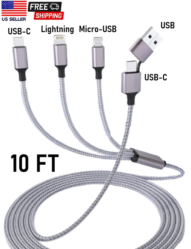 Universal Multi Charging Cable 10ft Multiple charger 3 to 2 charging cable USB C
