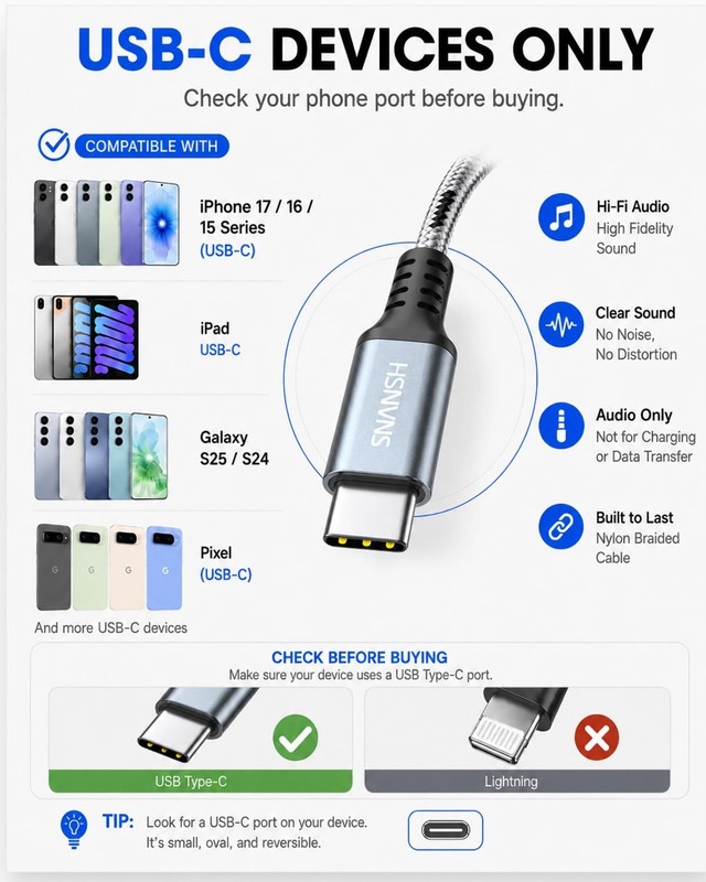 SNANSHI 2-Pack Aux to USB C Cable 3.3ft, 90 Degree and Straight Aux Cord to USB gallery