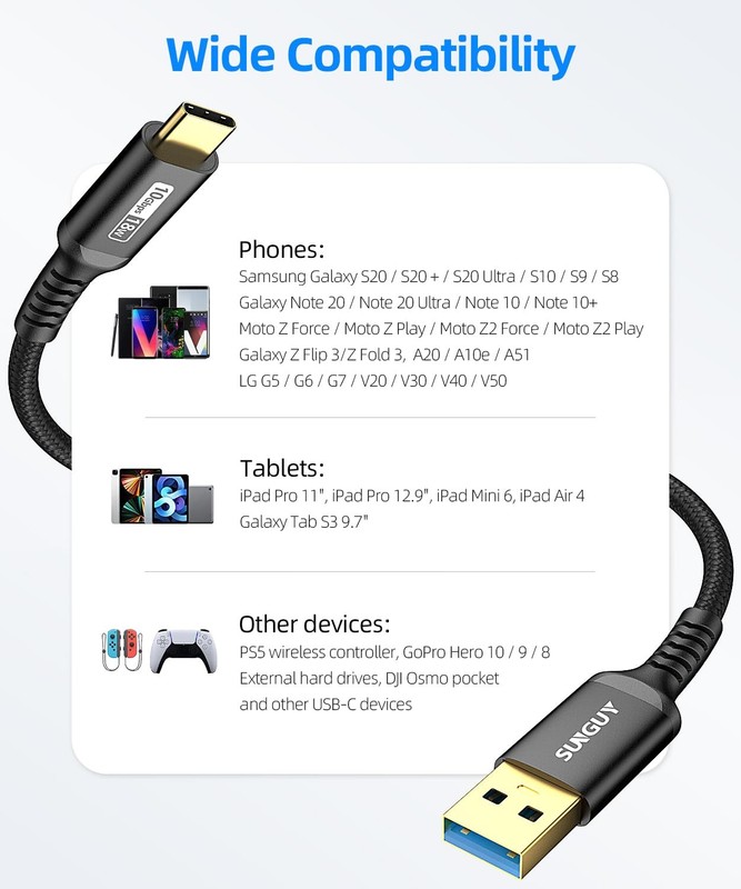 10Gbps Android Auto USB C Cable 1.5FT 3A USB 3.1 Gen 2 Fast Charging gallery