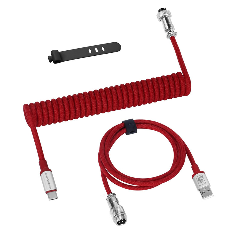 USB C to A Coiled Keyboard Cable Red, Detachable Spiral Wired, Extendable Spring