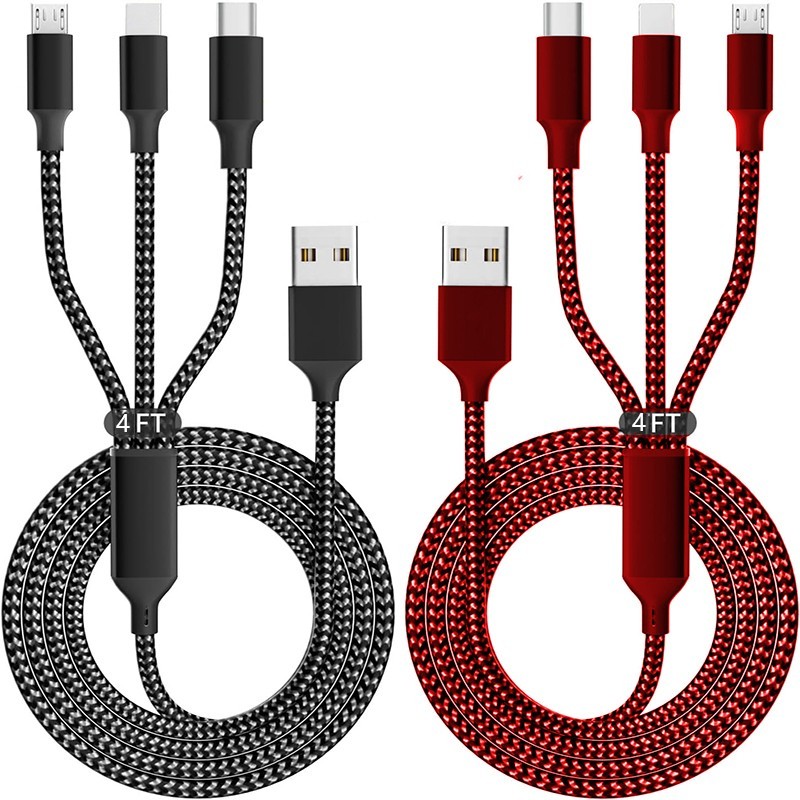 2 Pack 4ft Triple-in-one Fast Charging Data Cable, Car Three-head Data Cable USA
