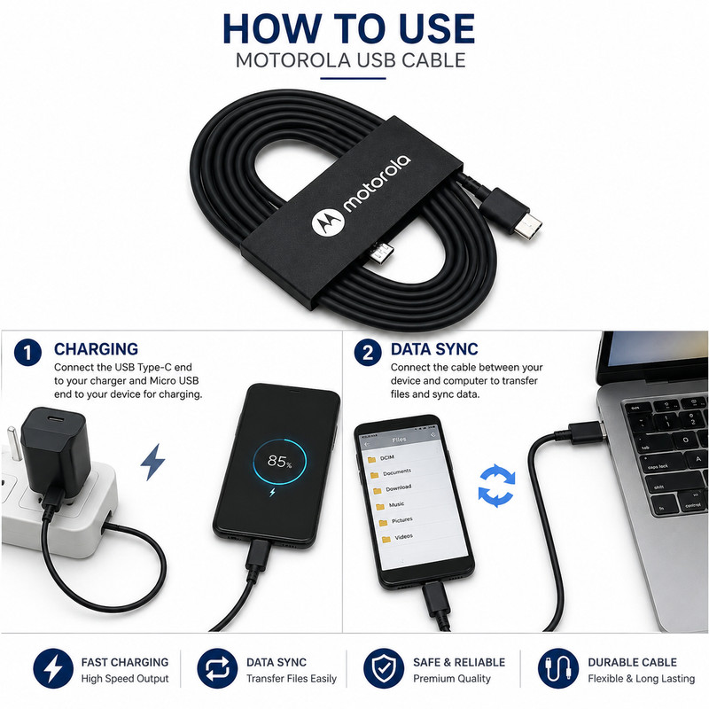 Genuine Motorola USB-C to USB-C Fast Charging Cable OEM Type C Data Sync Black gallery