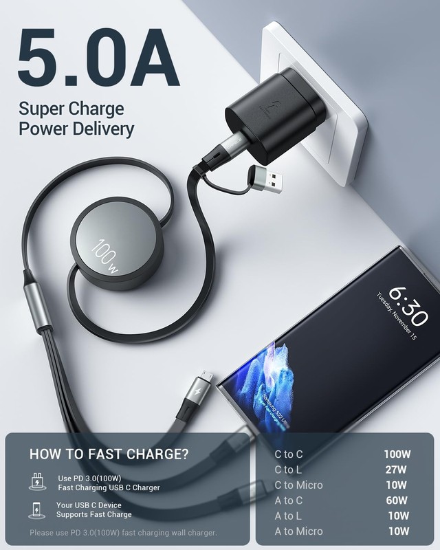 CAFELE 100W Multi Charging Cable, 6-in-1 Retractable USB C/A Cable, 5A Fast C... gallery