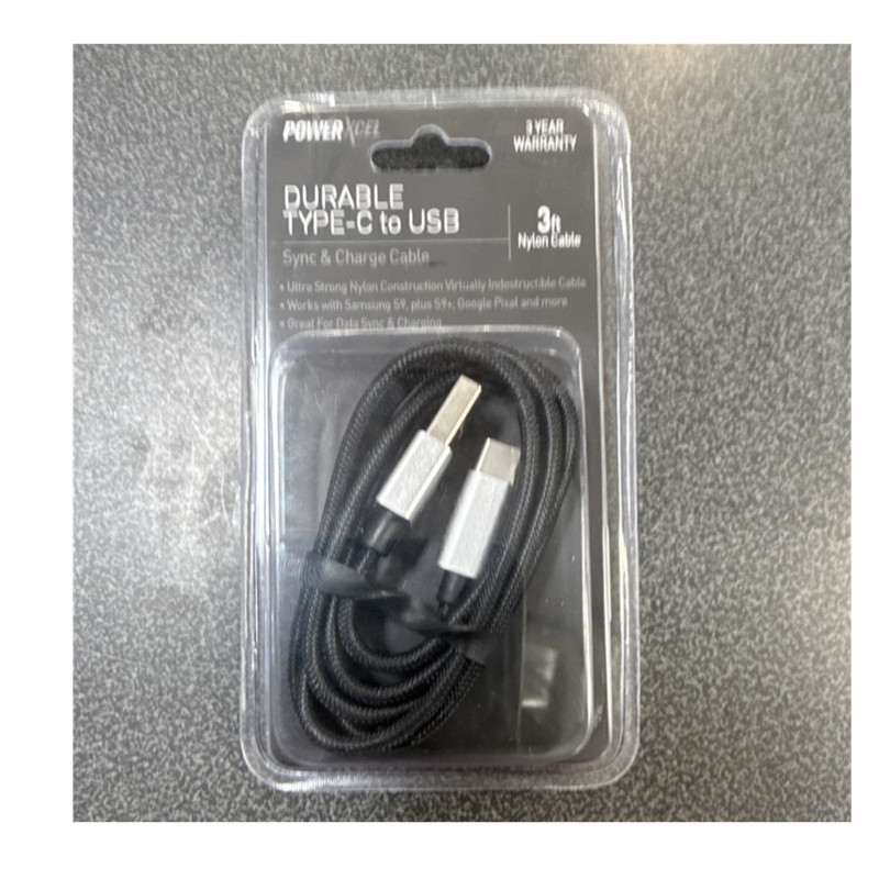 PowerXcel USB-C to USB-A 3ft Braided Nylon Cable Black for Samsung Google