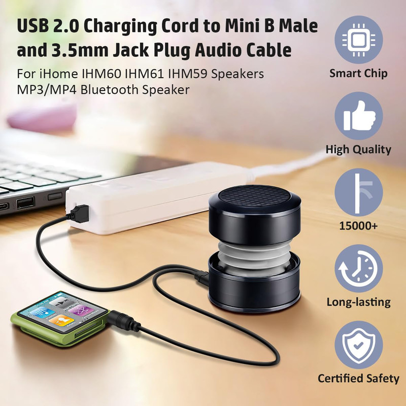 1.67Ft USB2.0 Charging Cord to Mini B Male and 3.5Mm Jack Plug Audio Cable for I gallery