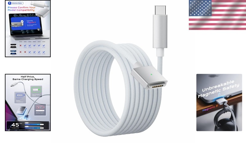 6.6ft Magnetic USB C Cable - 140W PD for MacBook Pro & Air - Braided White/Blue gallery