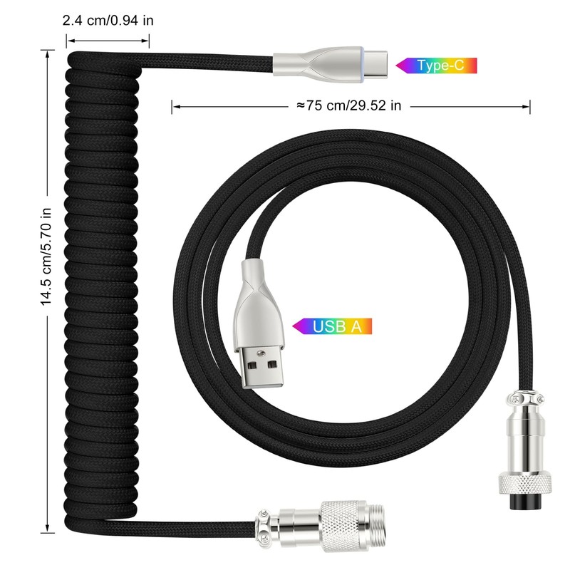 USB C Coiled Keyboard Cable For Gaming Braided Aviator Connector Black 6FT gallery