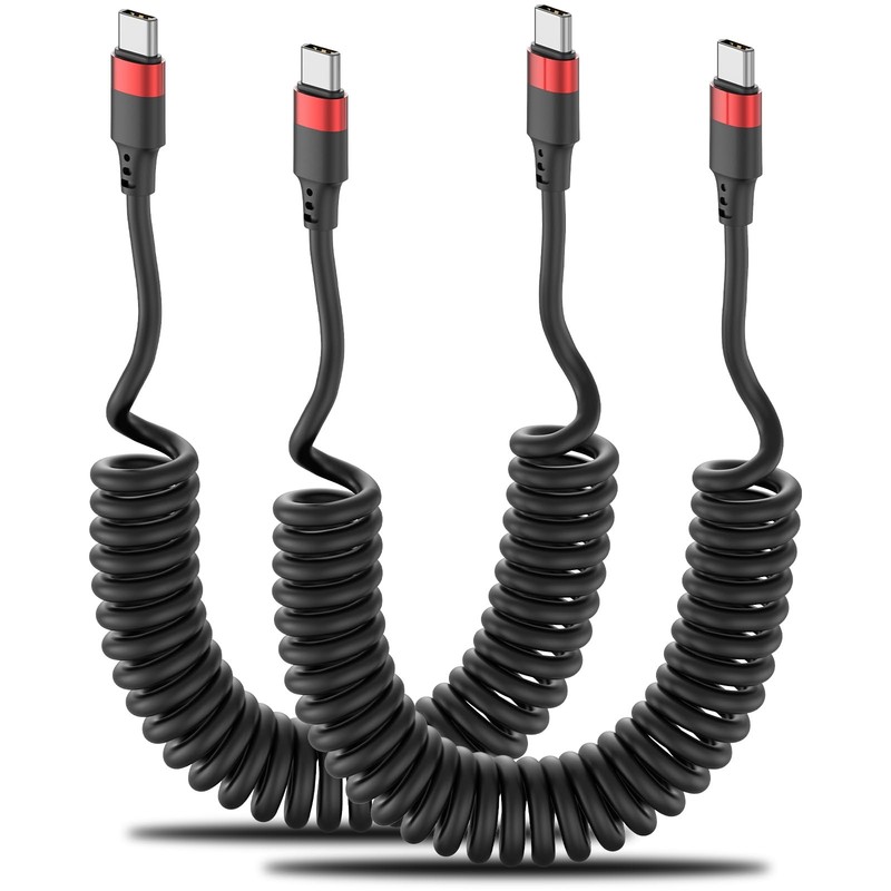 Coiled USB C to C Cable, 2 Pack 3FT USBC Car Charger C-C, Black