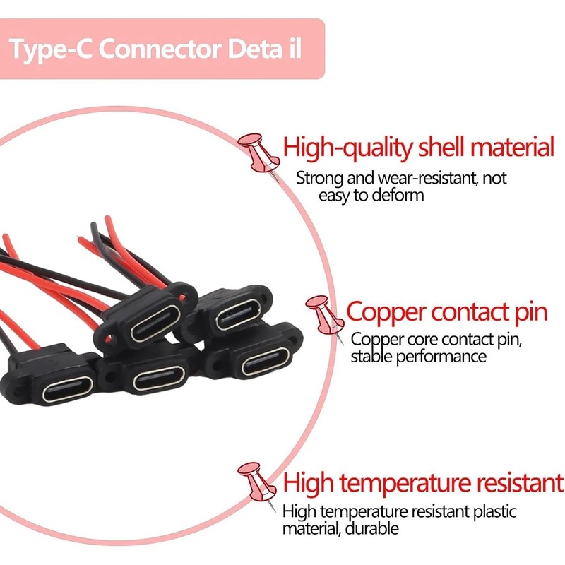 5pc Type-C Female 2-Pin Waterproof Socket Connector - 3A USB-C DIY Charging Port gallery