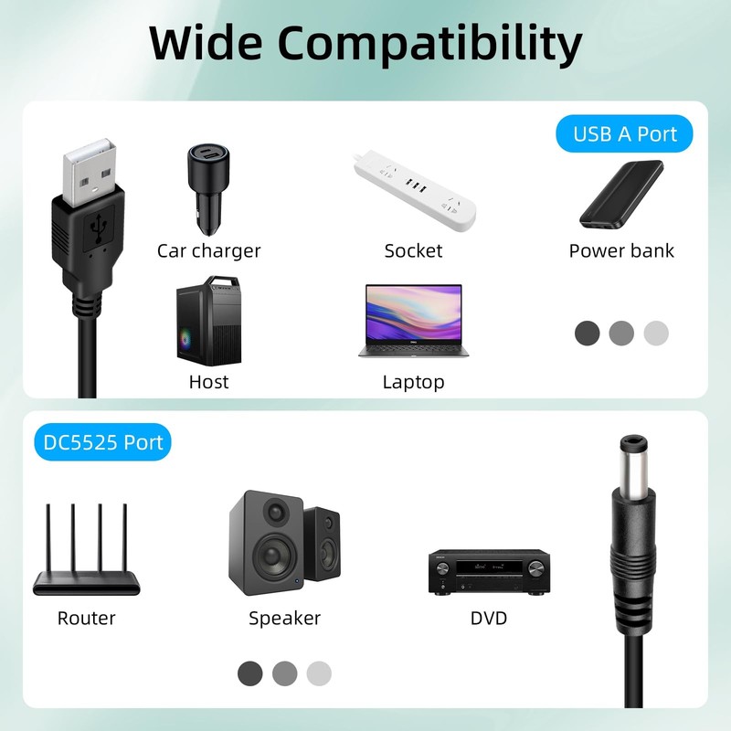 2Pack USB to Dual 5V DC Power Cord, USB to DC 5.5X2.5MM Splitter Charging Cab... gallery