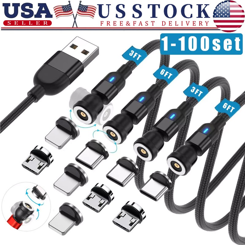 180°+360° Rotate Magnetic Charger Cable Phone Fast Charging Type C Micro USB Lot