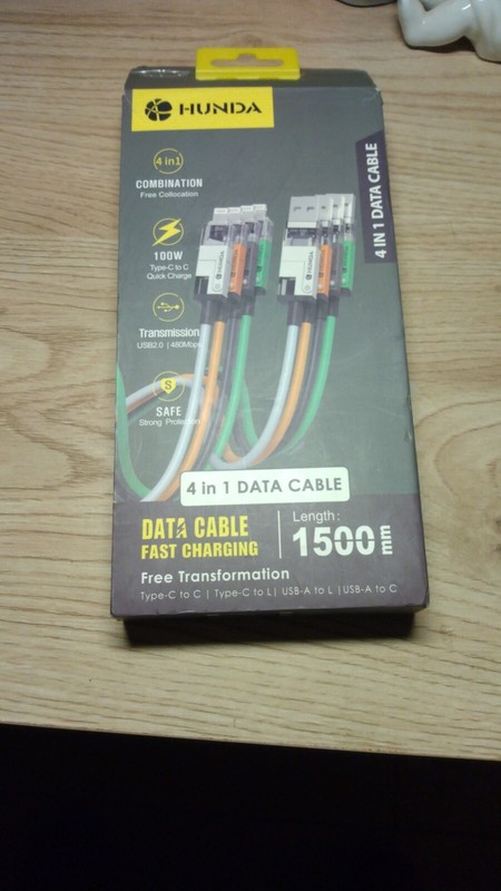 Hunda 4 in 1 data cable 1500mm Type C to C 100W max, Type C to Light… 27W, USB