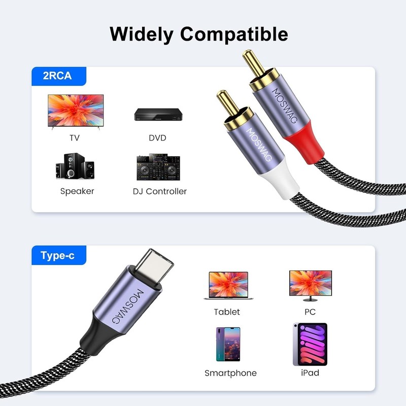 USB C to 2 RCA Audio Cable 6.6FT Braided Nylon for Smartphone Laptop Speaker gallery
