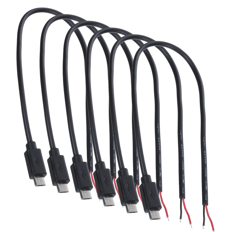 Micro USB Pigtail 2 Wire Power Cable 12 Inch 30cm Black 5V 3A 22AWG DIY