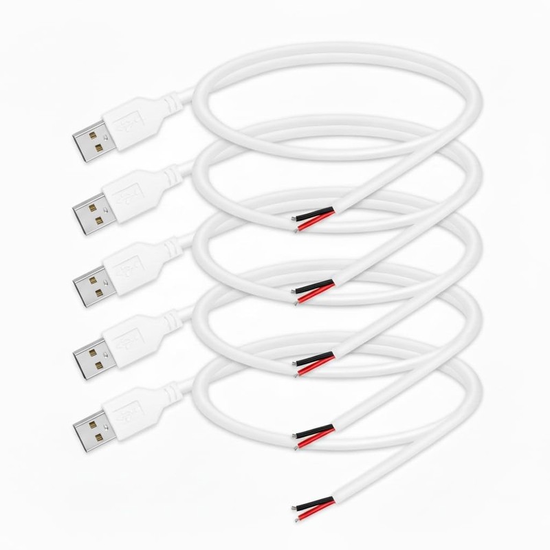 5 PCS USB 2.0 Male 2 Pin Bare Wire Pigtail Cable 1.64 FT 24AWG 5V 2A White