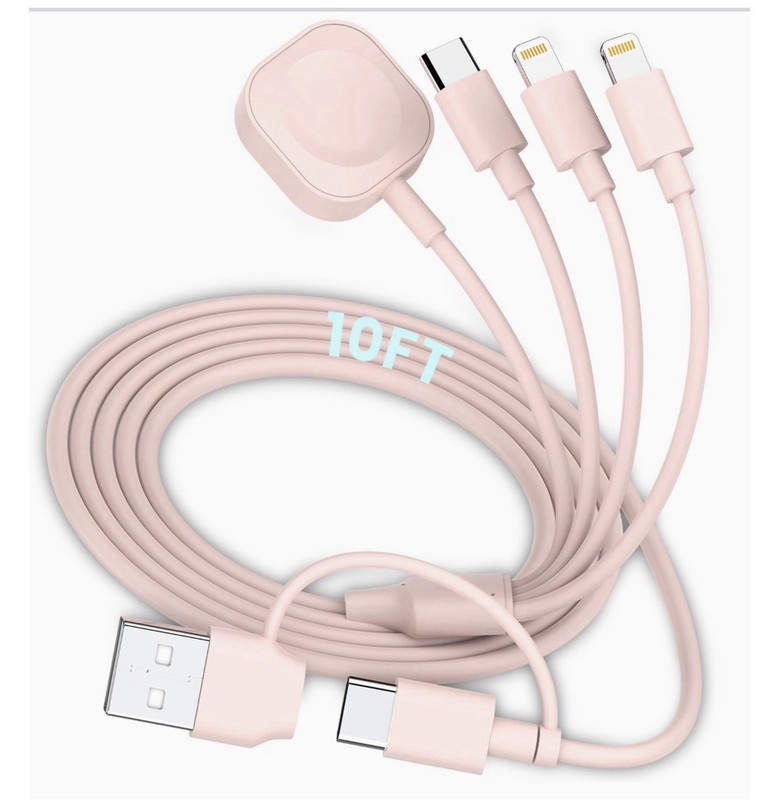 Charging Cable 6in1 Multi capable, 10FT, Magnetic Charger, Pink USB A/C, Travel